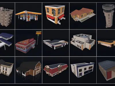 70 Poly Buildings Pack Collection Low-poly 3D model
