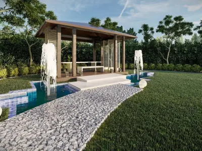 Luxury garden plant of contemporary house  Low-poly 3D model