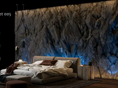 Black Rock Bedroom interior scene Rock Wall Set 005 3D model