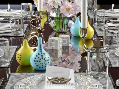Tableware table setting with silverware and flowers 3D model