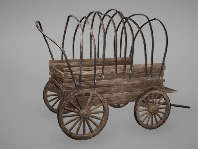 Carriage Low Poly Game Ready wooden covered wagon Low-poly 3D model