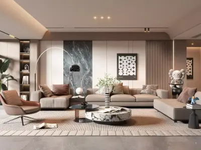 Modern Luxury Living Room with Modular Sofa and Artistic Details 3D model