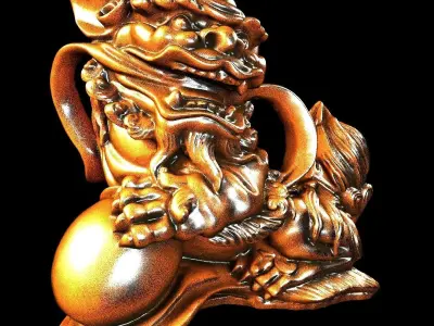 Chinese wooden lion statue 3D model