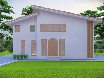 Contemporary Modern House Exterior 3D Model with Sloped Roof 3D model