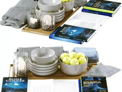 Decor set of books and bowls on tray Low-poly 3D model