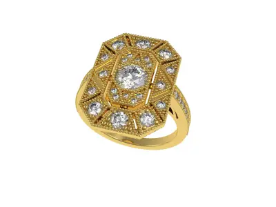 Round Diamond Emerald Shape Art Deco Ring 3D print model