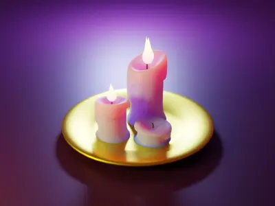 Candle two candles on gold plate Low-poly 3D model