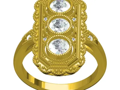 Three Diamond Art Deco Ring 3D print model