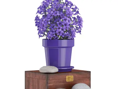 Purple Flowes on Wooden Box 3D model