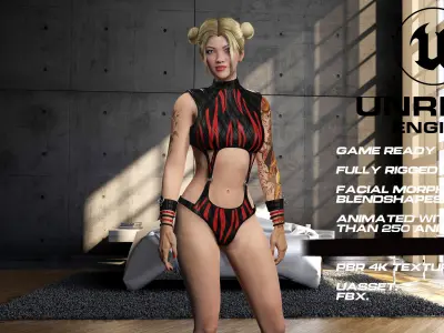 Tattoo girl full rigged - game ready - animated Low-poly 3D model