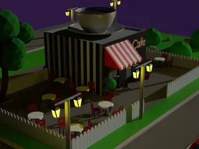 Low poly cafe city with street lights and car 3D model