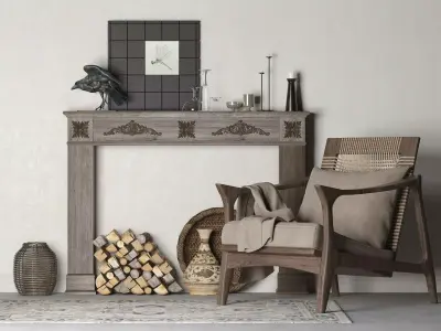 Rustic Fireplace with Decorative Elements and Modern Armchair 3D model