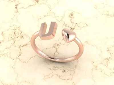 Alphabet Jewelry with Heart Ring U 3D print model