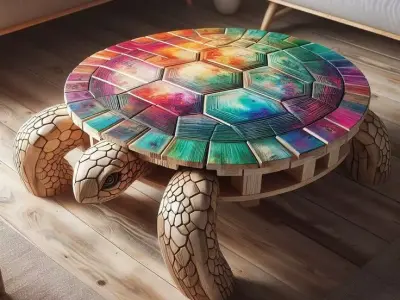 Surreal Turtle Coffee Table Colorful Shell Wooden Legs 3D Low-poly 3D model