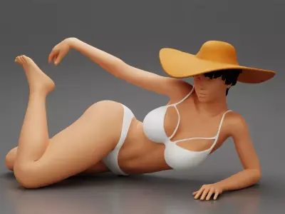 Sexy girl in bikini lying on the beach with hat 3D print model