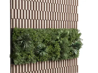 Wooden Panels and Vertical Wall Garden collection of houseplant 3D model