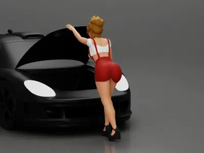 2 Sexy Girl in sunglasses opening a car hood and look inside  3D print model