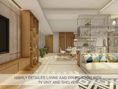 Highly detailed Living and dining room with tv unit and shelves 3D model