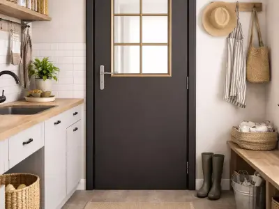 Matte Black Interior Door with Arched Multi-Pane Glass Low-poly 3D model