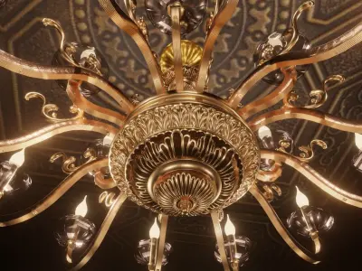 Golden Chandelier with Engraved Patterns 3D model