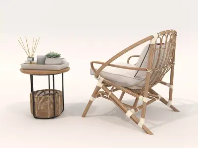 Rattan Coffee Table and Chair Set 4 3D model