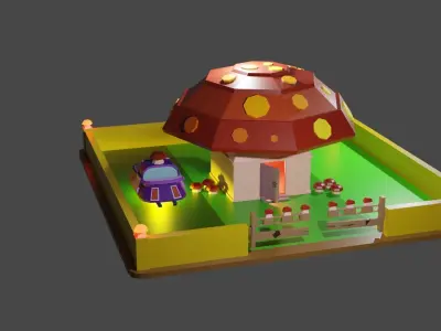 Cube mushroom future house with floating car  Free low-poly 3D model