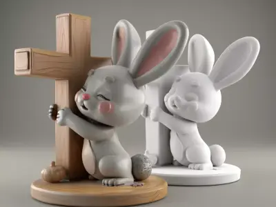 Easter Cute Bunny Hugging a Cross  playful  symbolic 3 3D print model