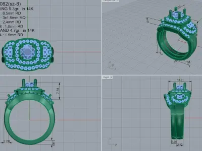 3 Stone Halo Ring With Band 1082 3D print model