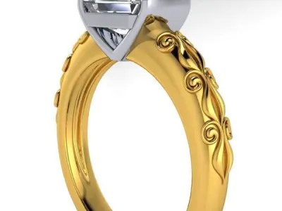 Vintage Emerald Cut Scroll Hand Crafted Engraving design Ring 3D print model