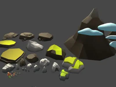 Low Poly World farm with wooden fence and trees Low-poly 3D model