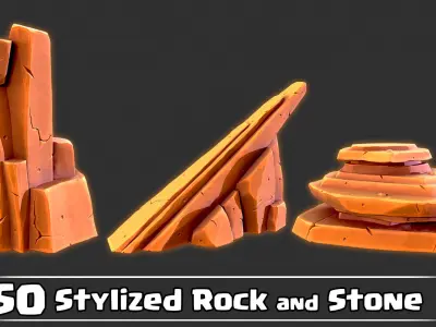 50 Stylized Rock and Stone Game Ready and IMM Brush Low-poly 3D model
