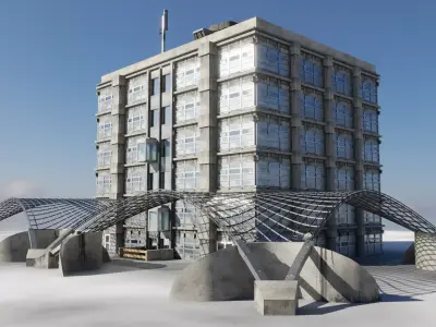 Dirty glass and concrete building with interior  Low-poly 3D model