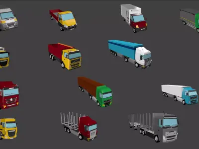 Pack of 13 Trucks  Low-poly 3D model
