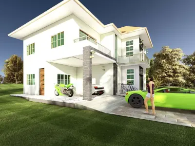 Modern 3d and 2d house plan Low-poly 3D model