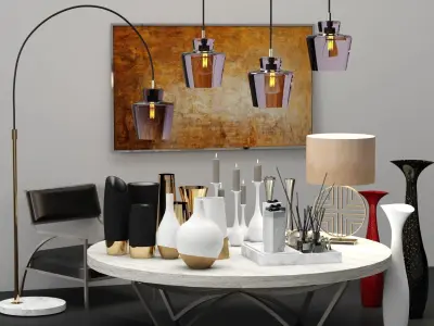 Decorative set - 4 modern living room with three pendant ligh... 3D model