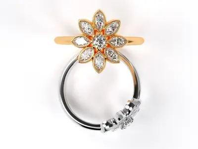 gold flower ring with marcuise diamonds  3D print model