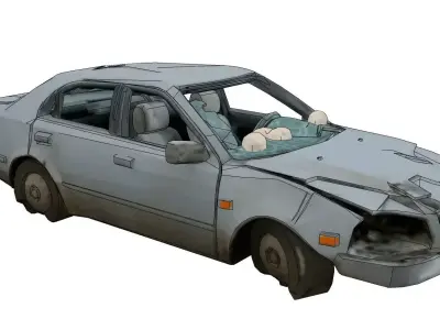 Wrecked plain car among ruins Low-poly 3D model