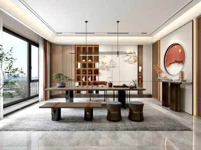 Chinese tearoom study room Low-poly 3D model