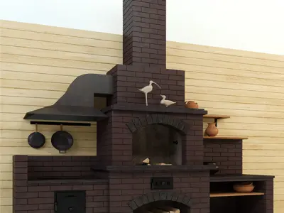barbecue brick oven with pots and pans 3D model