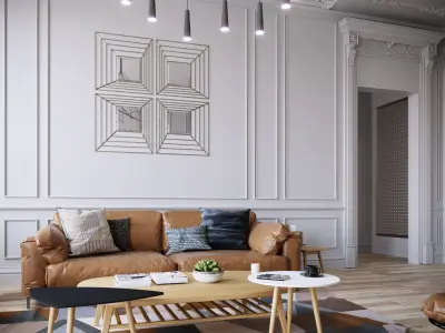 Mid Century interior scene 3D model  Low-poly 3D model