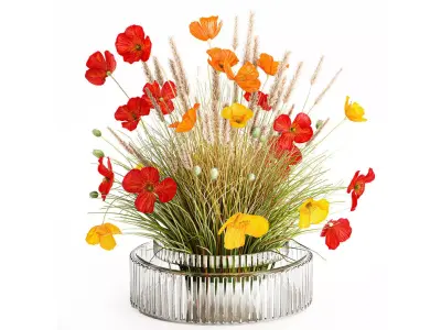 Beautiful Bouquet Red Yellow Wild Flowers Poppy grass vase 3D model