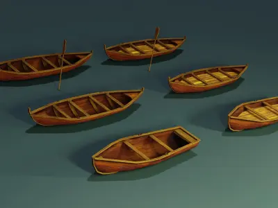 Wooden stylized boats Low-poly 3D model