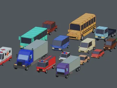Cars trucks and buses Low-poly 3D model