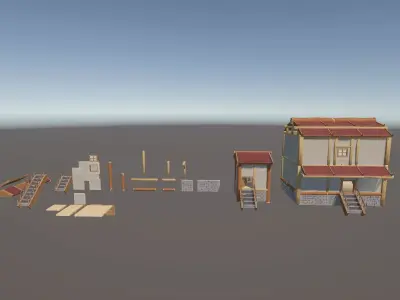 Stylized handpainted modular house URP Unity Free low-poly 3D model