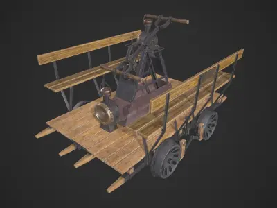 Handcar wooden cart with steam engine Low-poly 3D model