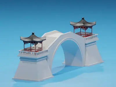 Cartoon Chinese Pavilion and Stone Bridge 3D model