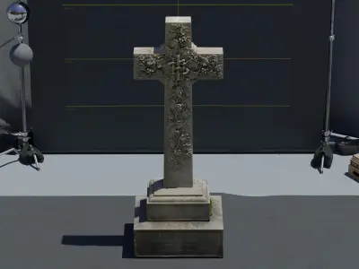 Photogrammetry Gravestone Cross with Grapevine decoration Low-poly 3D model