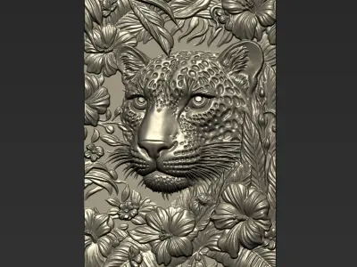 Leopard Head with Flowers Background  A65 3D print model