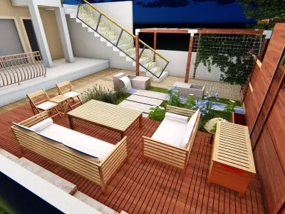 Backyard landsacpe design of modern house with sitting 3D model