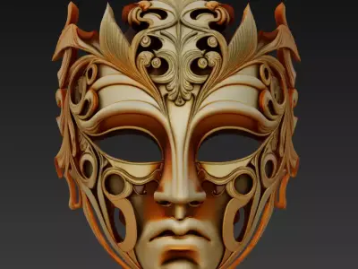 Golden Ornate Mask Baroque Fantasy Face Sculpture 3D Model Free Free 3D print model